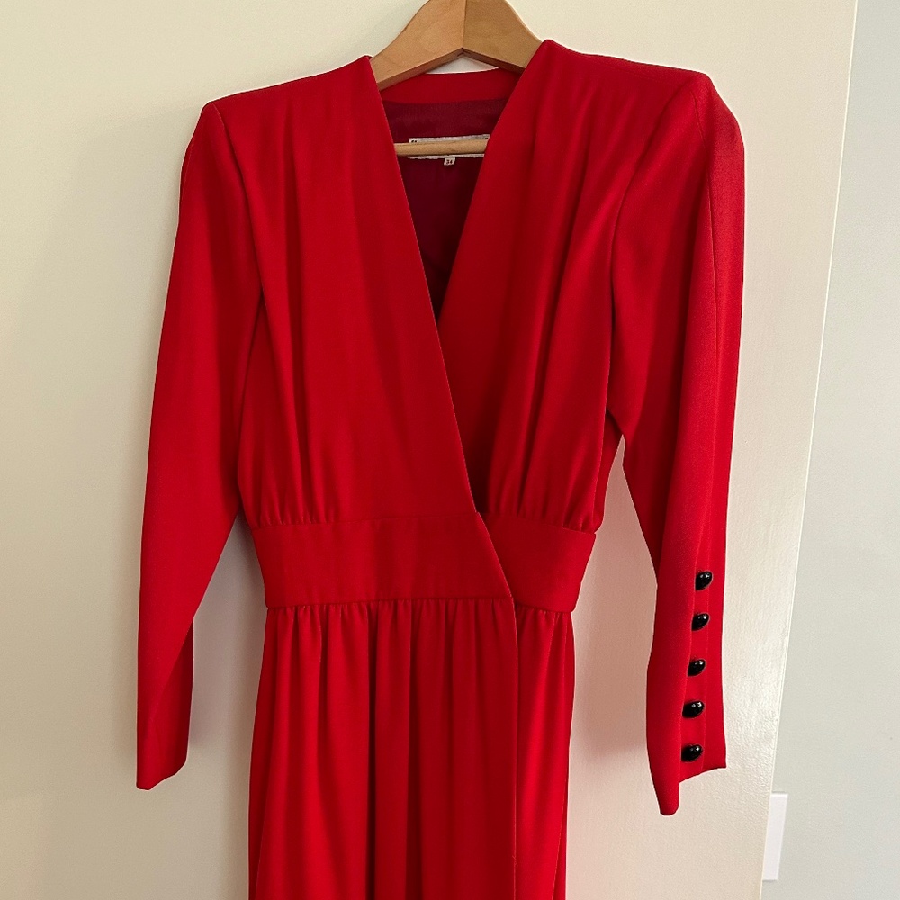 Deep V Vintage YSL Red Dress, EU size 34 (US size 4), Red, Silk Crepe dress